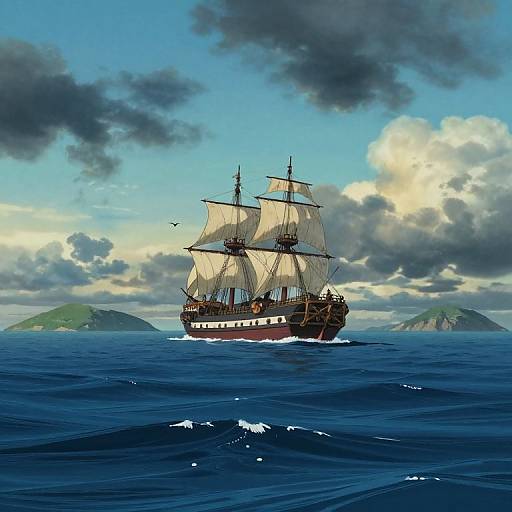 Digital painting of a majestic, three-masted wooden ship with white sails sailing through deep blue ocean, surrounded by green islands under a cloudy blue sky.