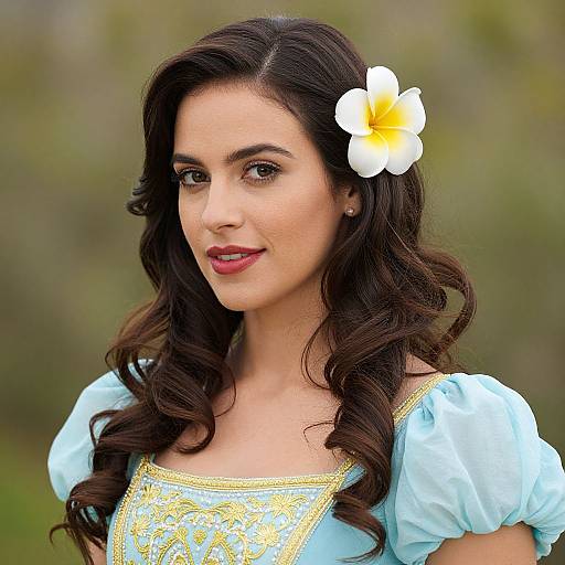 Photograph of a young woman with long, wavy dark brown hair, wearing a light blue dress with yellow embroidery, and a white plumeria