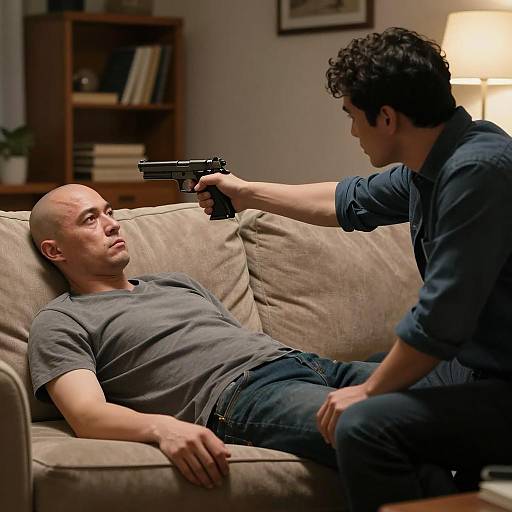 Tense Standoff in a Dim Room