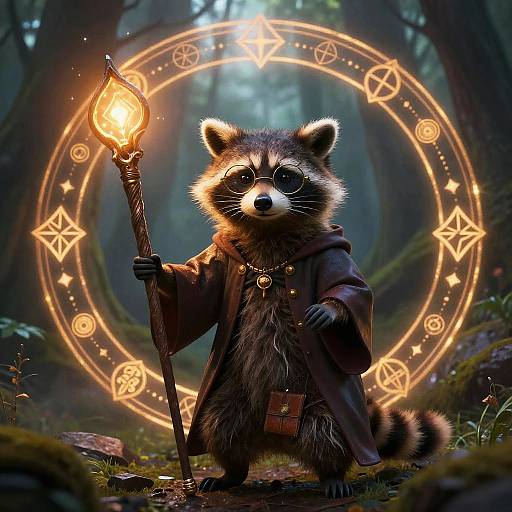 Digitally rendered image of a cute, anthropomorphic raccoon wizard holding a glowing torch, wearing a dark robe, standing in a mystical forest with a