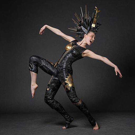 Photograph of a pale-skinned, bald dancer in black, gold-embellished attire, performing a dynamic pose with arms extended and one leg
