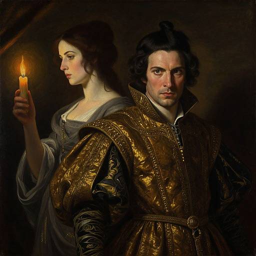 Digital painting of a serious man in ornate gold armor beside a serene woman with dark hair, holding a lit candle. Dark background. Baroque style