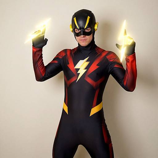 Photograph of a man in a black and red superhero costume with yellow lightning bolt, black mask, and yellow accents, holding glowing hands against a plain