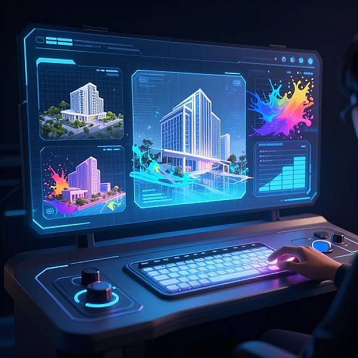 Neon-lit digital interface displaying architectural blueprints of futuristic skyscrapers on a glowing monitor, with colorful splashes and a illuminated keyboard. Phot