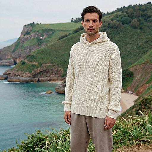 Photograph of a serious, dark-haired man in a white knitted hoodie and beige pants, standing on a grassy cliff overlooking a coastal landscape with