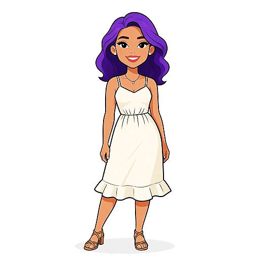 Digital illustration of a smiling woman with purple hair, wearing a white sundress and brown sandals, standing against a white background.