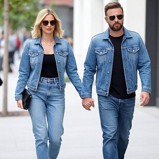 Photograph of a blonde woman and bearded man in blue denim jackets, black tops, jeans, and sunglasses, holding hands and walking outdoors.