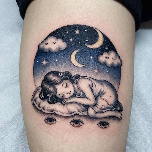 Tattoo of a sleeping woman with closed eyes under a crescent moon and stars, surrounded by clouds, with three eyes below. Black and grey