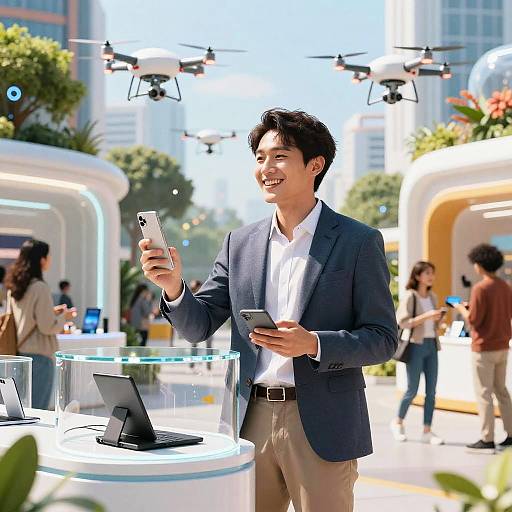 Happy Merchant in Futuristic Shopping District