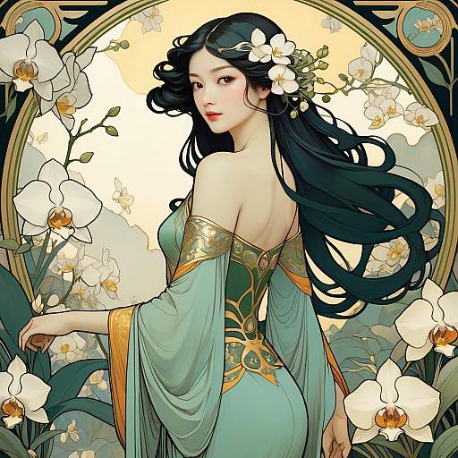 Art Nouveau Woman with Orchids