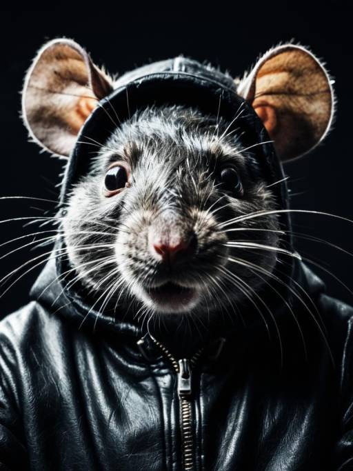 Portrait of Rat in Black Leather Hoodie