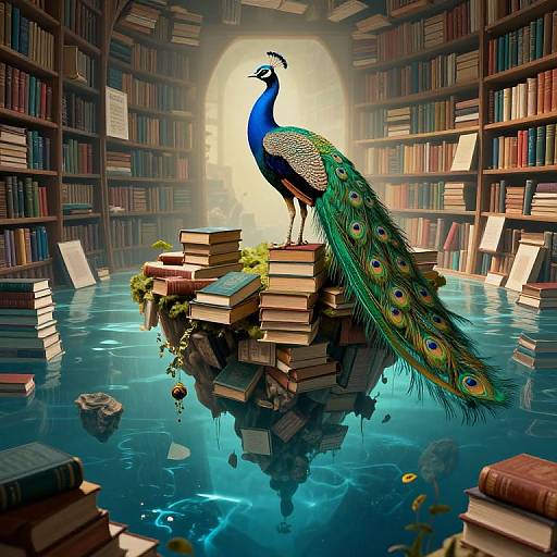Digital art of a peacock with vibrant blue and green plumage standing on a floating stack of books in a flooded library, surrounded by shelves of books