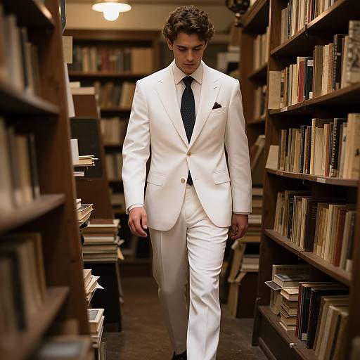 Young Man in White Suit Vintage Bookstore