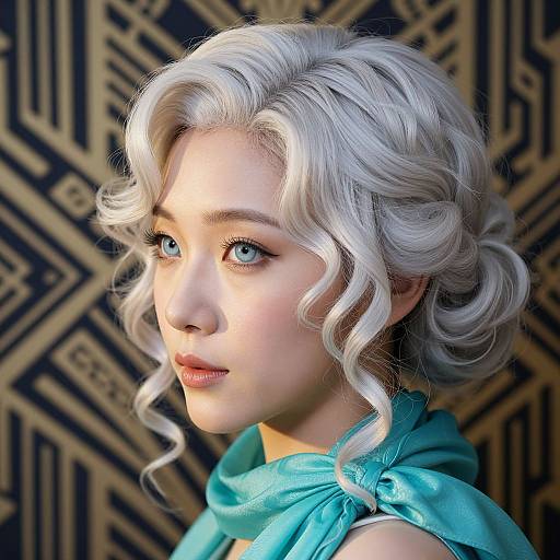 Photorealistic portrait of a young woman with white, curly, 1950s-style hair, blue eyes, and a turquoise scarf, set against