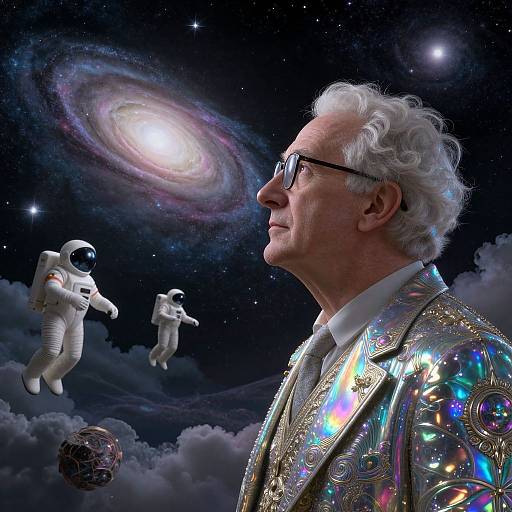 Elderly man with white hair, glasses, and iridescent, glittery suit gazes at a galaxy and floating astronauts in space. Digital
