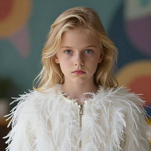 Youthful Blonde Girl in Feathered Jacket
