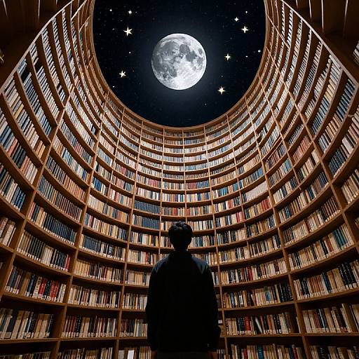 Photograph of a silhouetted person standing in a vast, circular library with towering bookshelves, gazing up at a full moon and