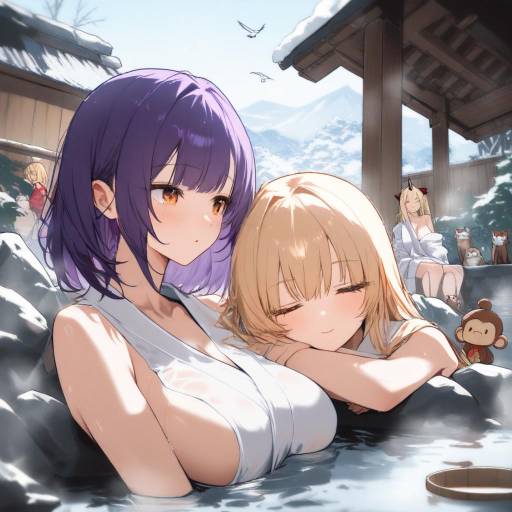 Relaxing Onsen Scene with Fantasy Characters