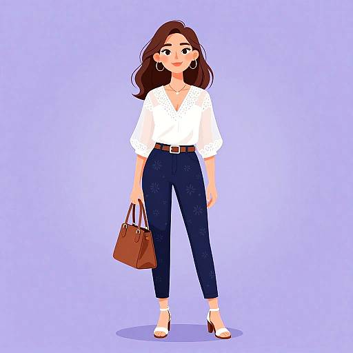 Digital illustration of a stylish woman with long brown hair, white blouse, navy pants, brown belt, brown handbag, white heels, and hoop earrings
