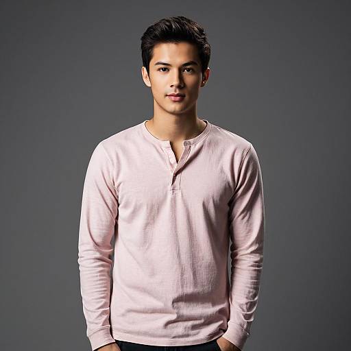 Young Man in Light Pink Henley Shirt