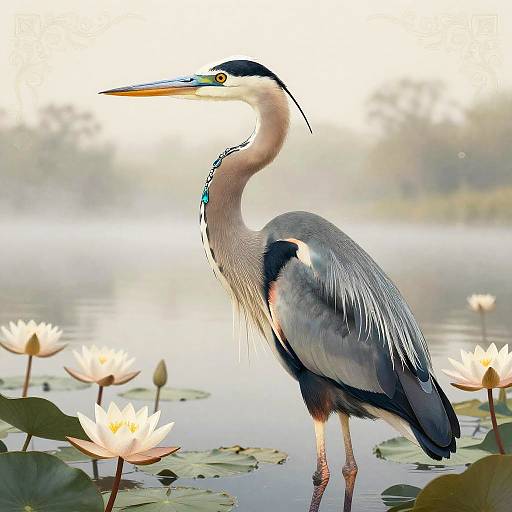 Majestic Blue Heron with Aquamarine Pendant by Misty Lake