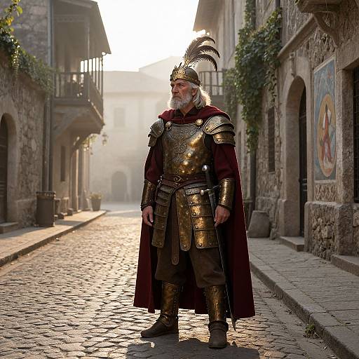 Ancient Warrior in Bronze Armor on Cobblestone Street