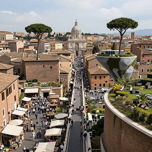 Photograph of bustling Rome street with St. Peter's Basilica in background, crowded cafes with white umbrellas, and tall trees on both sides.