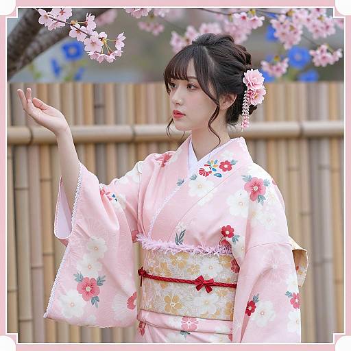 Woman in Pink Floral Kimono by Cherry Blossoms