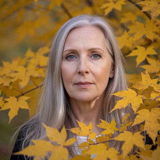 Photograph of a middle-aged woman with long silver hair and blue eyes, framed by vibrant yellow autumn leaves, looking directly at the camera.