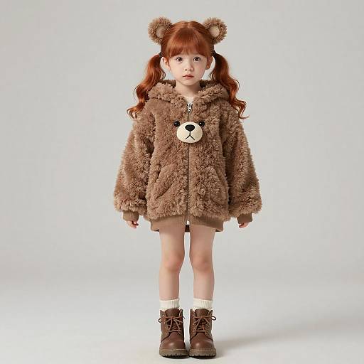 Cute Girl in Fluffy Bear Hoodie