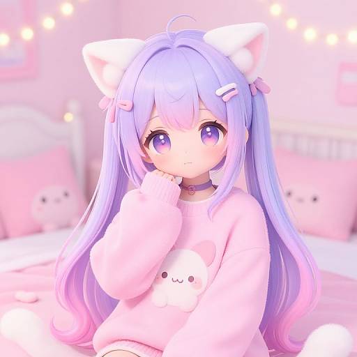 Digital anime-style drawing of a cute girl with long, pastel purple hair, white cat ears, purple eyes, wearing a white stuffed animal sweater,