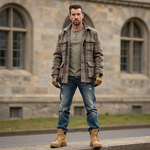 Photograph of a bearded man with dark hair, wearing a plaid jacket, green shirt, blue jeans, brown boots, and gloves, standing