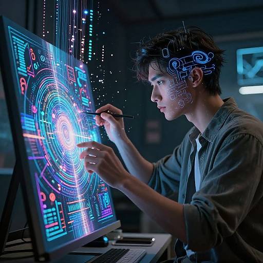 Photograph of a focused young man with dark hair, wearing a gray shirt, intensely working on a glowing, futuristic computer screen displaying colorful, neon circuit