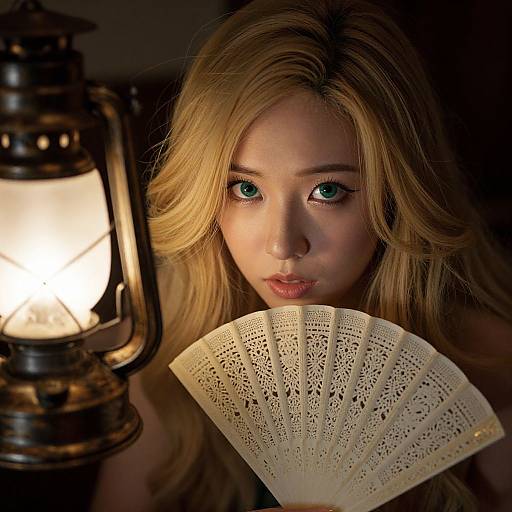 Photograph of a blonde woman with green eyes, holding a lace fan, illuminated by a vintage lantern, creating a dramatic, moody atmosphere.