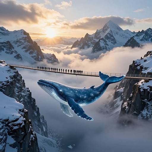 Photorealistic CGI: Blue whale glides beneath a mountainous, snow-covered landscape with a long suspension bridge filled with tiny silhouetted figures