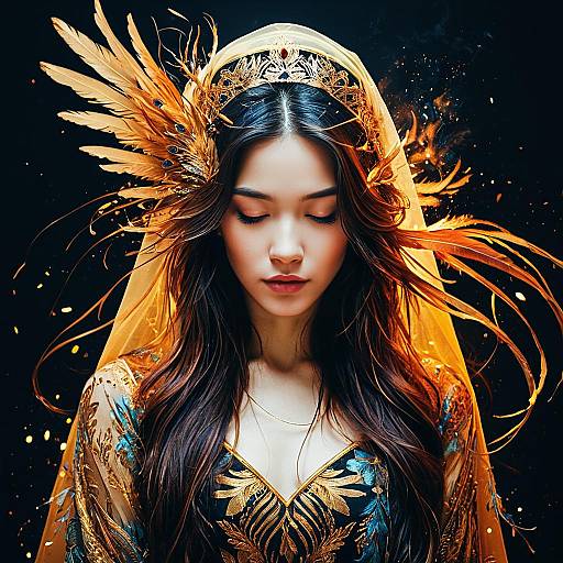 Elegant Phoenix-inspired Woman with Fiery Feather Veil