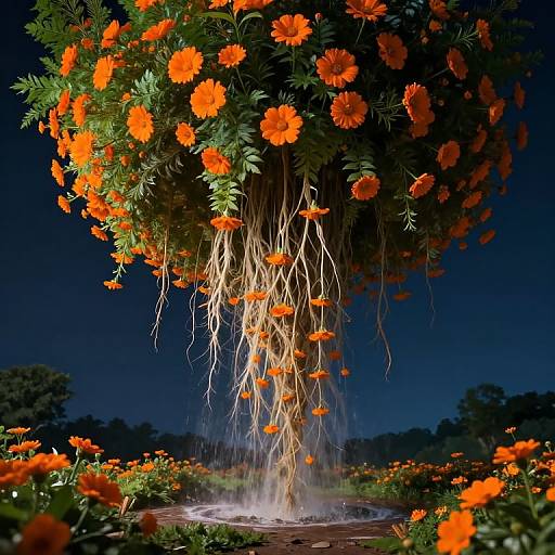 Photograph of a vibrant flower arrangement with orange marigolds cascading from a basket, water splashing into a circular basin below, against a dark
