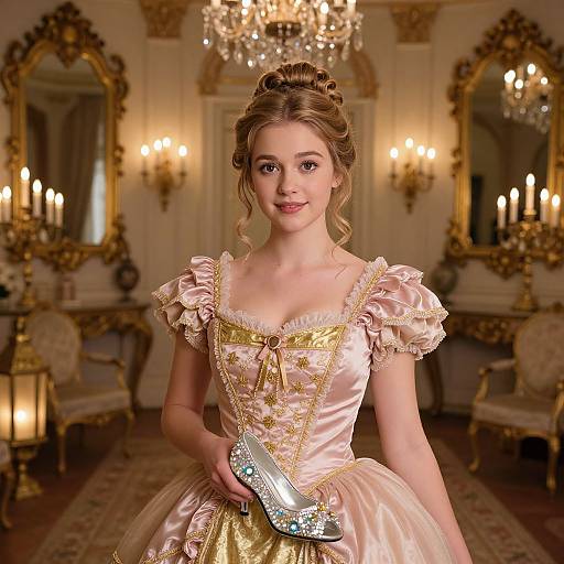 Young woman in a pink and gold ball gown with puffed sleeves, holding a sequined clutch, stands in an opulent, candlelit room with