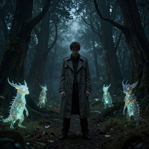Mysterious man in long coat stands in dark, foggy forest, surrounded by glowing, ethereal deer-like creatures in digital artwork.