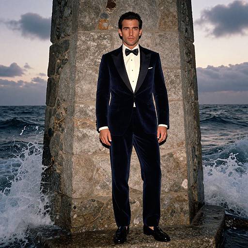 Photograph of a handsome man in a black tuxedo with white shirt and bow tie, standing against a stone pier by crashing ocean waves at sunset