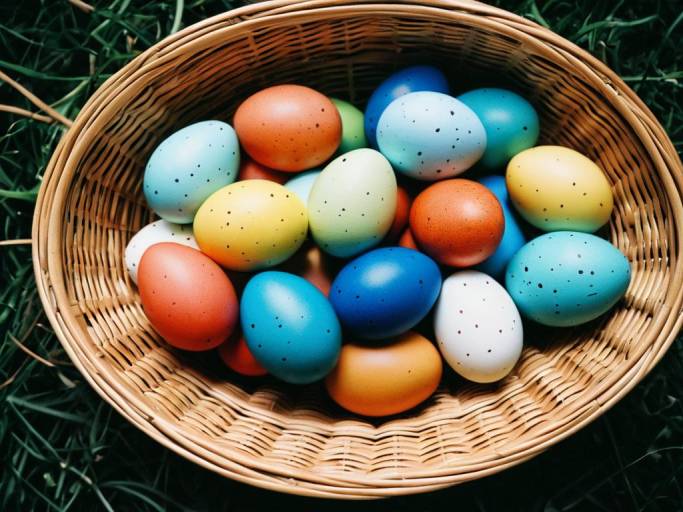 Colorful Speckled Easter Eggs in Basket