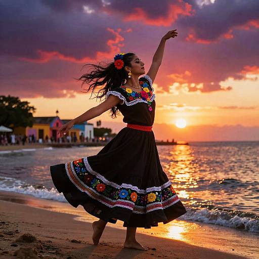 Photograph of a woman in a colorful, embroidered, traditional Mexican dress dancing on a beach at sunset, with vibrant purple and orange clouds in the sky