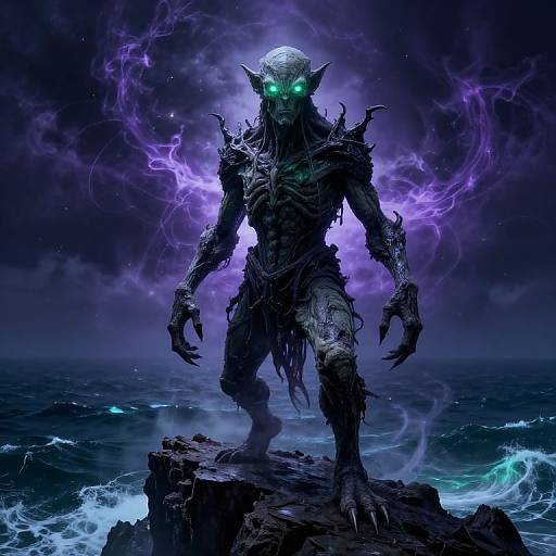 Digital artwork of a menacing, glowing-eyed, dark-skinned, humanoid creature with jagged armor, standing on a rocky cliff against a stormy,
