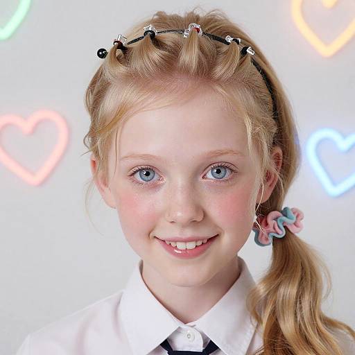 Photograph of a smiling young girl with fair skin, blue eyes, and blonde pigtails, wearing a white shirt, black tie, and a