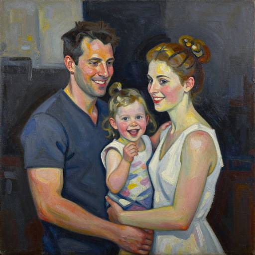 Impressionist-style painting of a smiling family: dark-haired man in black shirt, fair-haired woman in white dress, and blonde toddler in colorful shirt