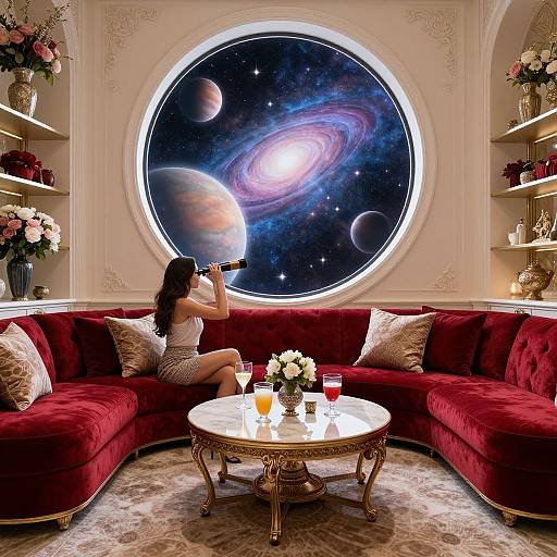 Photograph of a woman with long dark hair in a white dress, sitting on a red velvet couch, gazing at a large circular window displaying a