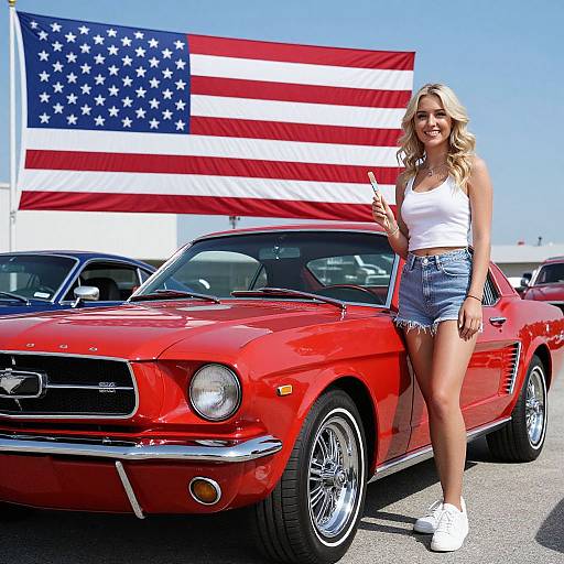 Blonde woman in white tank top and denim shorts stands beside a shiny red muscle car, with a large American flag in the background. Photographed in