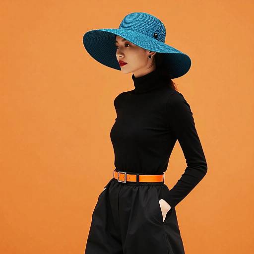 Stylish Woman in Teal Wide-Brimmed Hat