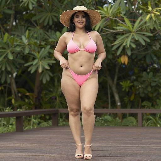Curvy Woman in Pink Bikini on Deck