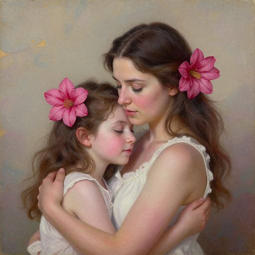 Digital painting of a brunette woman in a white lace dress, hugging a young girl with pink flowers in their hair, both with closed eyes, against